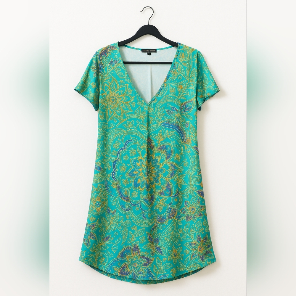 Noracora Teal and Gold Boho V-Neck Dress